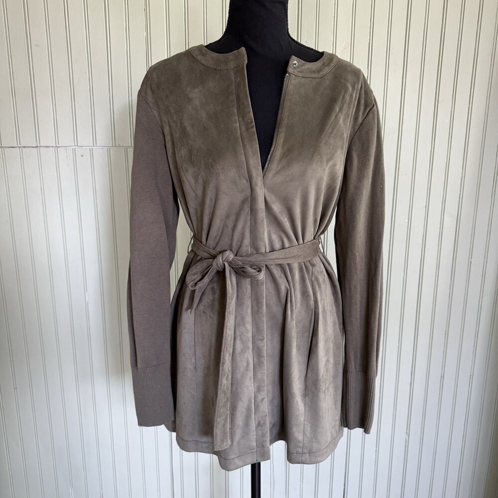 Halston Faux Suede Jacket Sweater Knit Olive Green Sz 8 Medium Belt Waist Zip Up